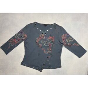 Boho Chic Top L Womens Blue Y2K Studded Graphic Essence of 1000 Kisses